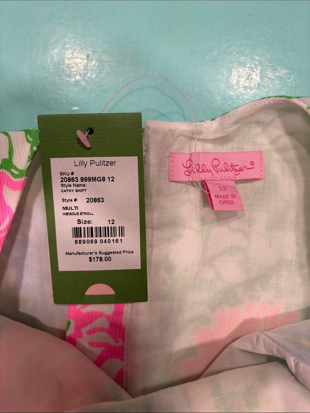 Lilly Pulitzer Cathy Shift Hibiscus Stroll Green and Neon Pink Floral Dress - Picture 2 of 3